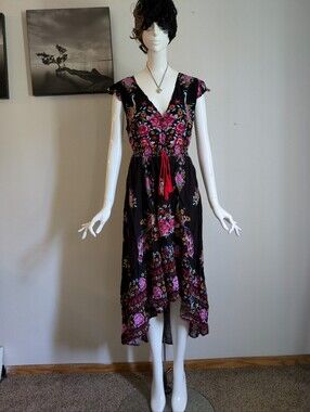 R. Vivimos Boho Peacock Floral High-Low Midi Dress Sz L US 12-14 NWT